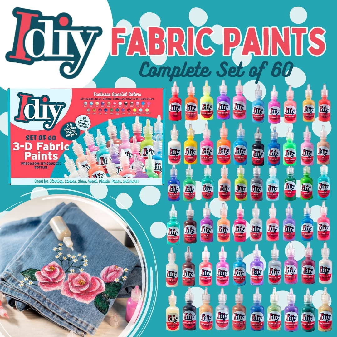 IDIY Fabric Paints, Set of 60 Colors - Bright 3D Fabric Paint - Includes Glitter, Metallic, Glow, Neon, 5 Stencils, 3 Brushes, Non-Toxic Water-Based and Permanent Puffy Effects - Craft, Gift