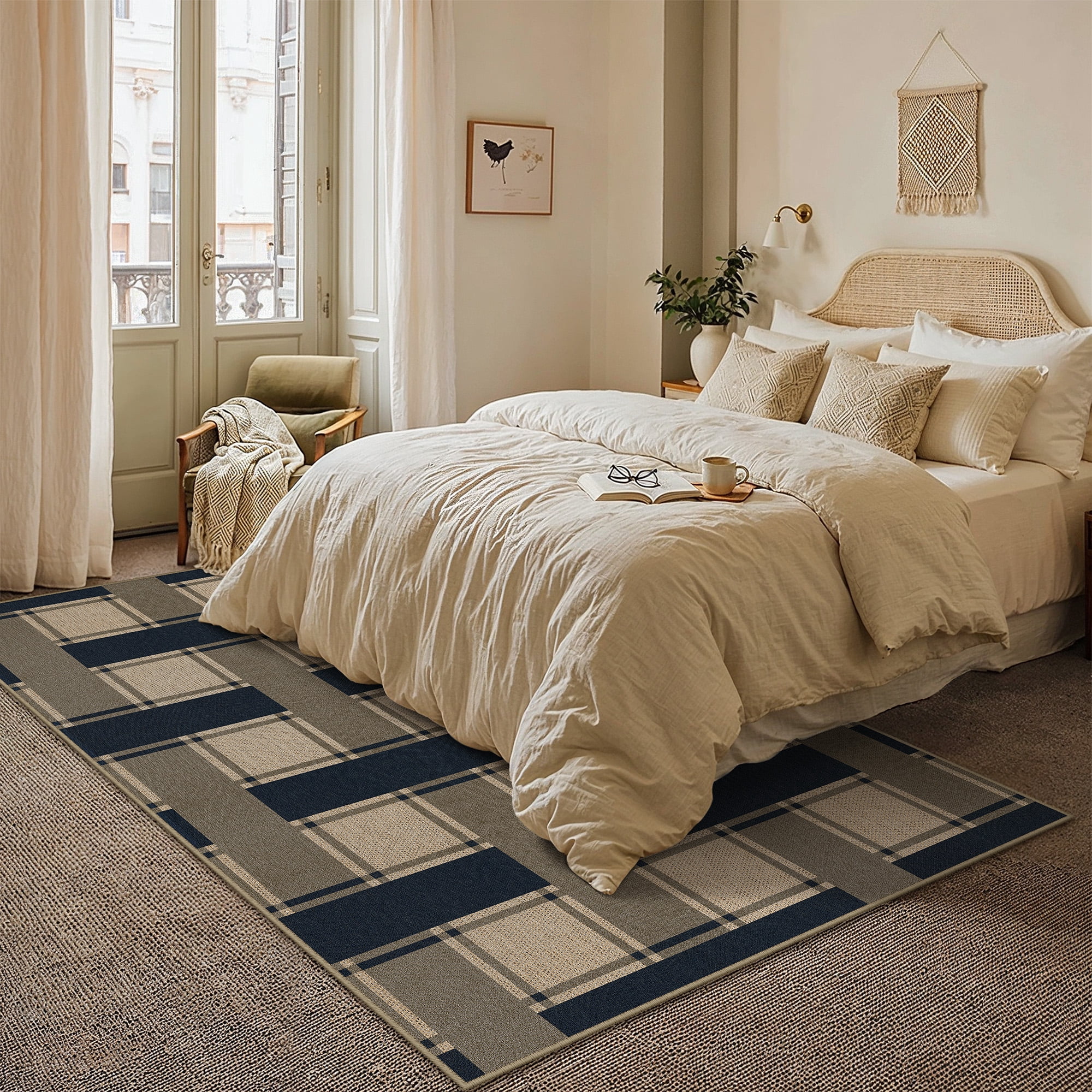 WIPONKEN 5'x7' Easy Jute Checkered Area Rugs for Living Room, Dining Room Office Neutral Carpet Farmhouse Outdoor Patio Checkerboard Washable Non Slip Geometric Rug, Black