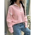 thumbnail image 2 of Womens Quarter Zip Pullover Sweaters Casual Collared V Neck Color Block Long Sleeve Loose Knit Fall Sweater Pink XL, 2 of 6
