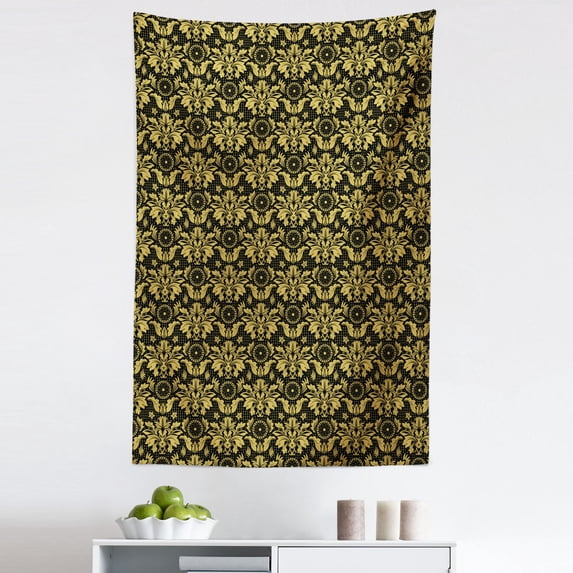 Damask Tapestry, Antique Victorian Foliage Motifs Vintage Royal Design with Rococo Influences, Fabric Wall Hanging Decor for Bedroom Living Room Dorm, 5 Sizes, Black Earth Yellow, by Ambesonne