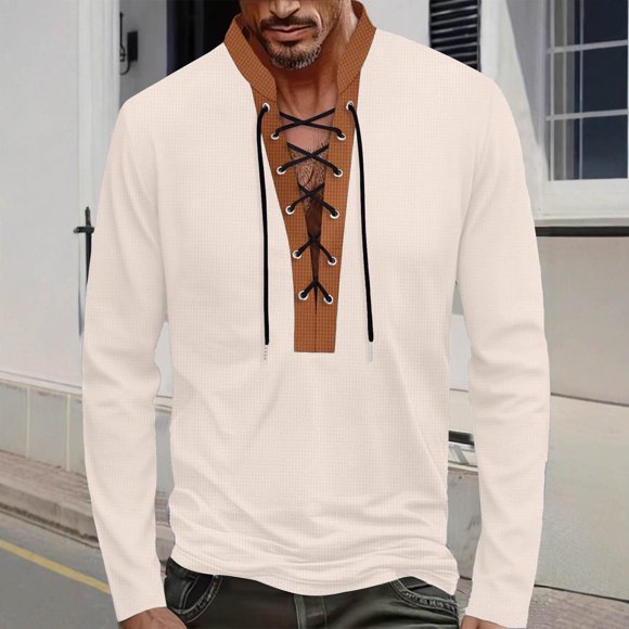 Blusa y camisa de manga larga con cuello alto para hombre, estilo casual, a la moda, de color sólido, transpirable, de manga larga, con cuello alto y cordón, blusa de poliéster para hombre