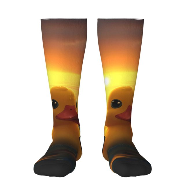 Fotbe Cartoon Swimming Yellow Duck Calcetas Divertidas Estampadas para Hombre y Mujer, Calcetas de Algodón hasta la Rodilla para Caminar, Correr, Enfermería y Embarazo