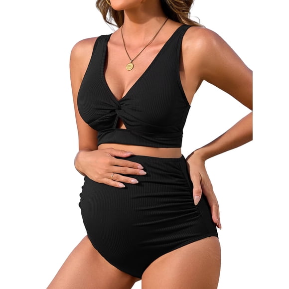 Charmo V Neck Maternity Swimsuits Ribbed Twist Front Bikini Sets High Waist Pregnancy Bathing Suits for Womens