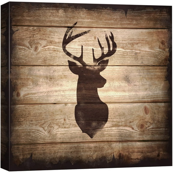 wall26 - Square Canvas Wall Art - Deer with Antler Silhouette on Rustic Wood Board Texture Background - Giclee Print Gallery Wrap Modern Home Art Ready to Hang - 12x12 inches