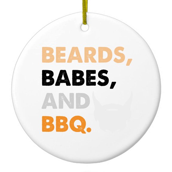 DistinctInk Hanging Ceramic Christmass Tree Ornament with Gold String - Great Gift / Present - 2 3/4 inch diameter - Beards, Babes And BBQ