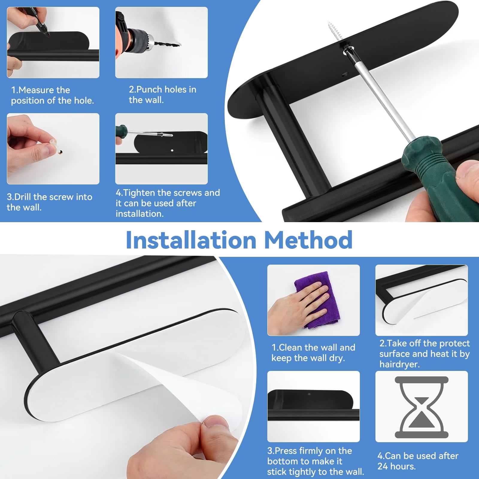 Brotasdro 2 Pack Stainless Steel Paper Towel Holder, Wall Mounted & Under Cabinet Paper Towel Rack, Rustproof Self-Adhesive or Screw Mount Kitchen Organizer, Black