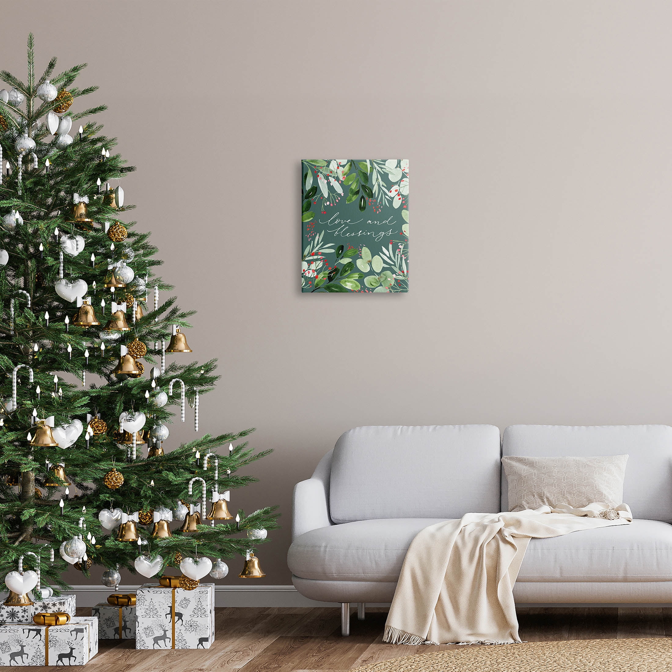 Love & Blessings Green Floral Leaves Holiday Graphic Art Gallery Wrapped Canvas Print Wall Art