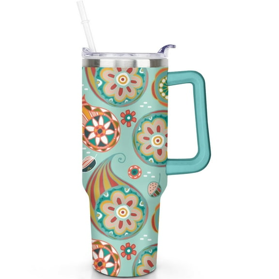 40oz Paisley Travel Tumbler Stainless Steel with Handle, Leak Proof Vacuum Insulated Flip Straw Lid Mug Gift for Men Women