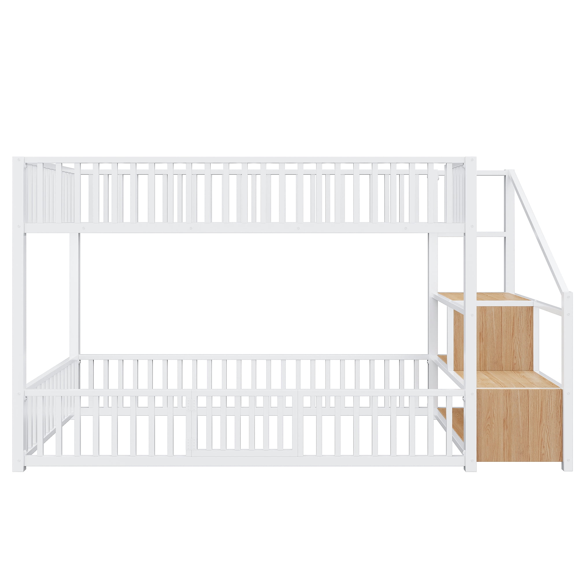 Euroco Metal Twin over Twin Bunk Bed with Staircase and Guardrails, White