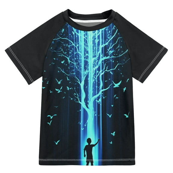 FORMRS Boys Rash Guard with Short Sleeves UPF 50 Swim Shirts Sizes 3-12T, Blue Tree