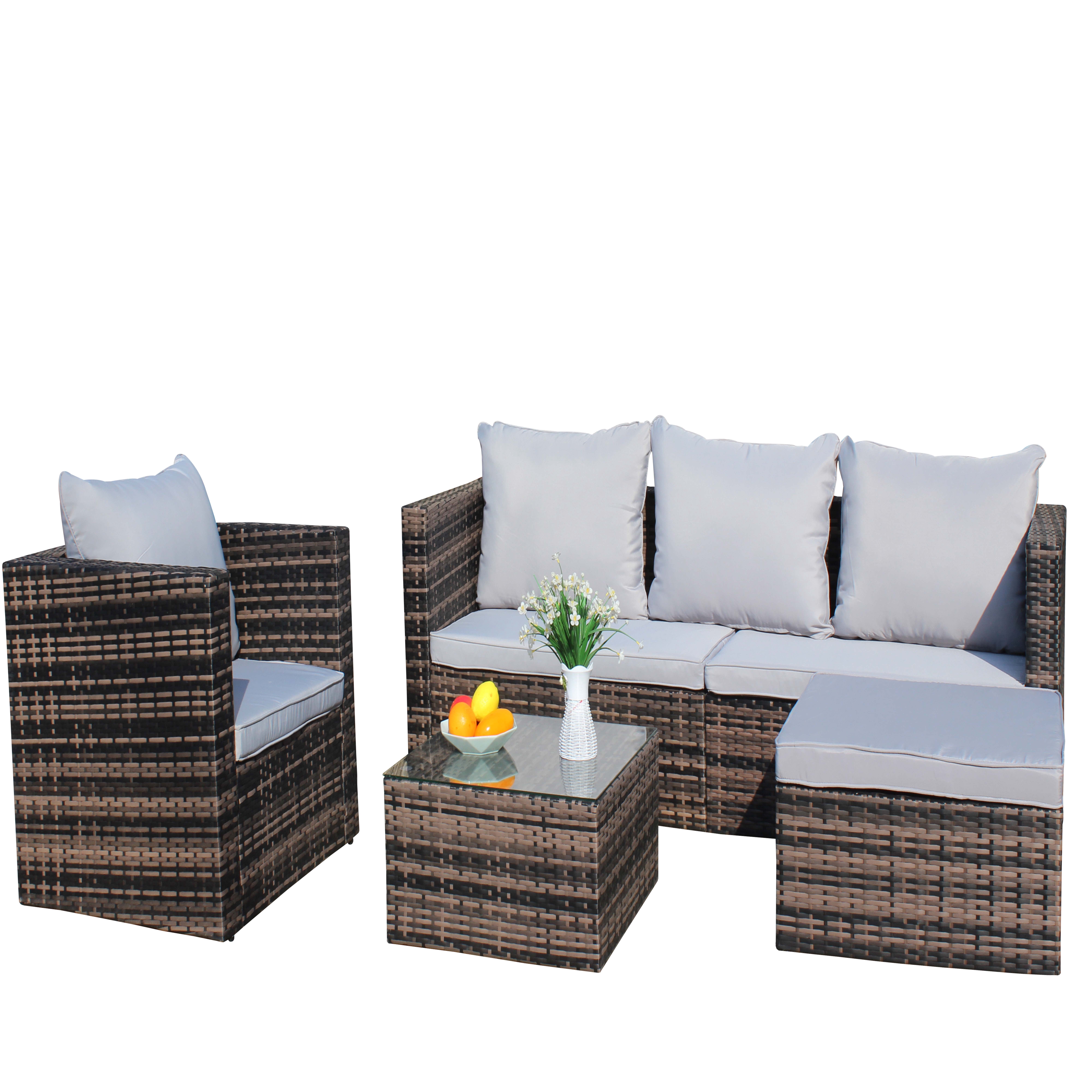 Rattan Patio Sofa Set, 4 Pieces Outdoor Sectional Furniture Set, All-Weather PE Rattan Wicker Patio Conversation Set, Cushioned Sofa Set with Glass Table for Patio Garden Poolside Deck