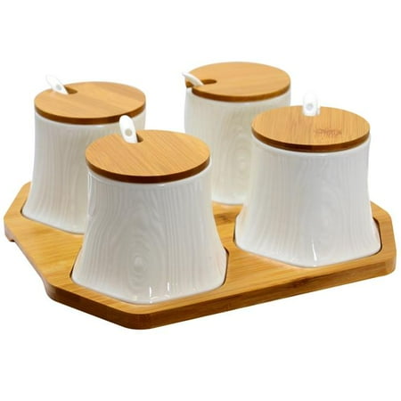 

Ceramic Spice Jam & Salsa Jars with Bamboo Lids & Serving Spoons
