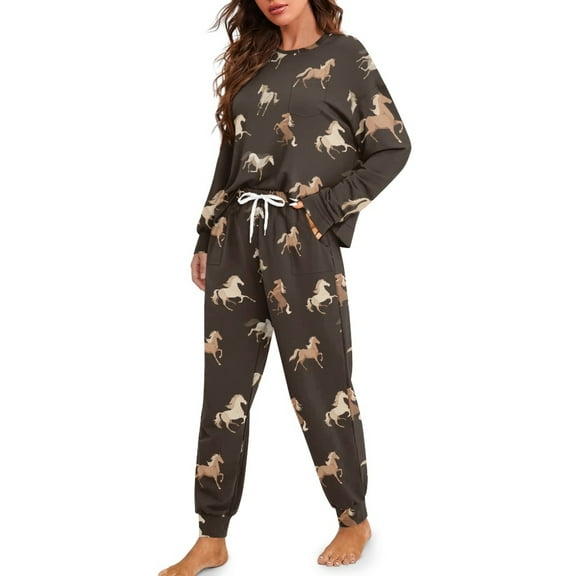 DISNIMO Horse Printed Women's Pajamas Set 2 Piece Pjs Lounge Set with Pocket Long Sleeve Top Wide Leg Pants Soft Round Neck Loungewear Nightwear, L