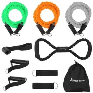 Fitness Resistance Band Kit with 3 Color-Coded Tubes (10LB Yellow, 20LB Blue, 30LB Orange) - Includes 2 Handles, 2 Ankle Straps, 1 Door Anchor, 8-Shaped Band & Storage Bag - Premium Latex-Nylon