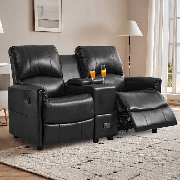IPKIG 59-inch Manual Recliner Loveseat Sofa with Console, 2-Seater PU Leather Reclining Couch for Living Room with Storage & Cup Holders, Black