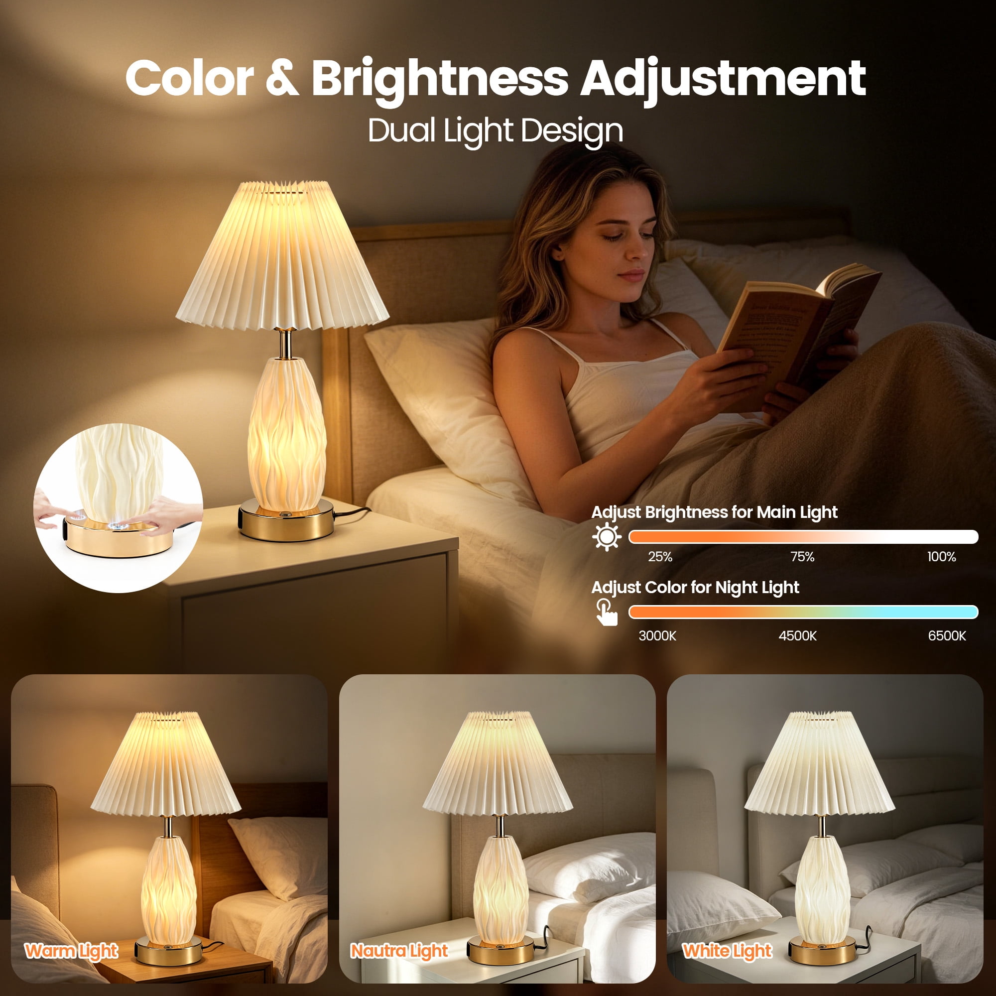 HadinEEon 17.5" Table Lamp with USB A&C Ports and Night Light, Touch Control 3 Way Dimmable Beside Lamp, for Bedroom Living Room Office, Beige