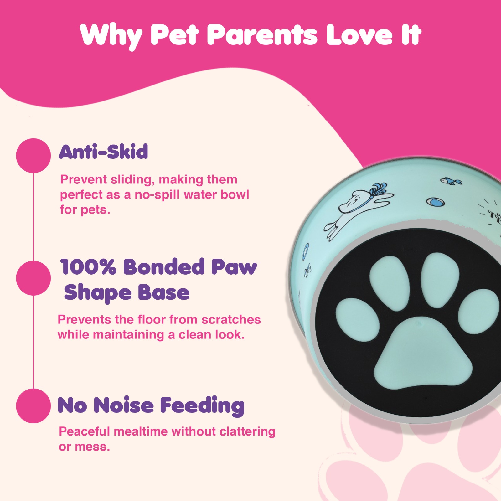 Happinesque 1Pc Stainless Steel Dog & Cat Bowl, Anti Skid, 1.5 Cups (Pale Turquoise Playtime Print)