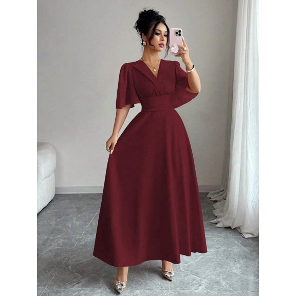 Burgundy V-Neck Collared Waist-Pleated Chiffon Ruffle Sleeve Elegant Maxi Dress