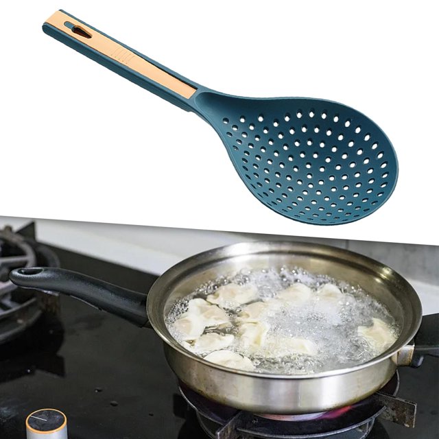 Colador de malla, colador de cocina con mango, cuchara anti escaldado, colador de alimentos, cuchara de pasta con mango largo para albóndigas, pasta azul BLESIY colador de cocina