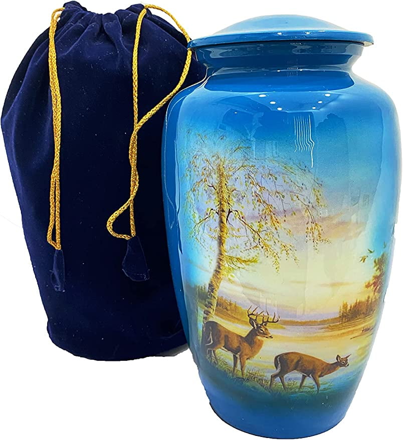 RUZIOON Grazing Deer Cremation Urn, Adult Urns for Ashes - Adult Funeral Urn Handcrafted - Affordable Urn for Ashes (Adult (200 lbs) – 10.5 x 6 “, (Large/Adult Urn) with Nice Velvet Bag