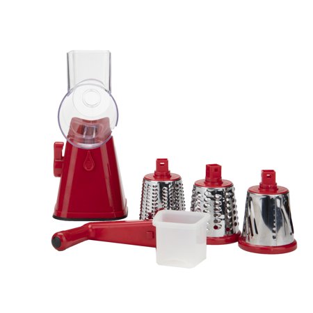 Mind Reader Rotary Drum Cheese Grater  Vegetable Shredder  Food Slicer and Chopper with Interchangeable Blades  Red