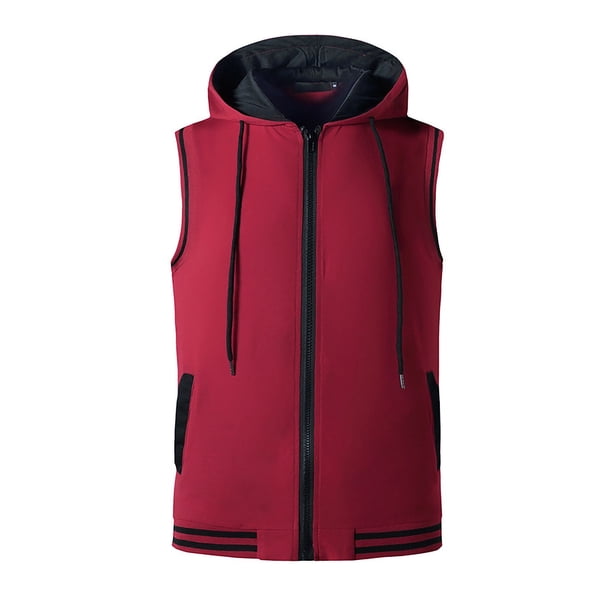 Ceisia Men's Hooded Zip-Up Sports Vest Summer Sleeveless Athletic Hoodie with Striped Hem Wine M Gifts