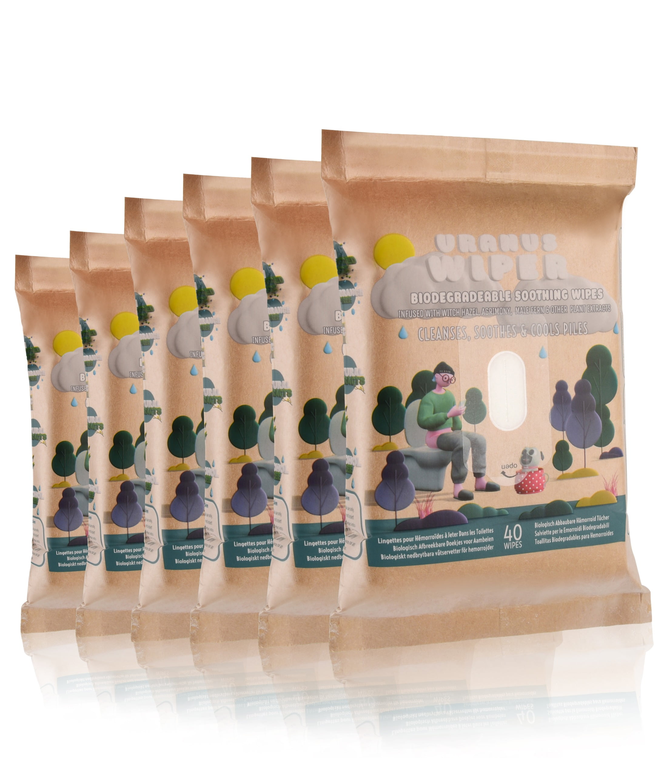 Uranus Wiper Medicated Witch Hazel Flushable Toilet Wipes for Hemorrhoids, 6 Packs