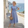 thumbnail image 5 of Womens Blue Casual Ruched Waist Pleated Round Neck Vacation Dress, 5 of 6