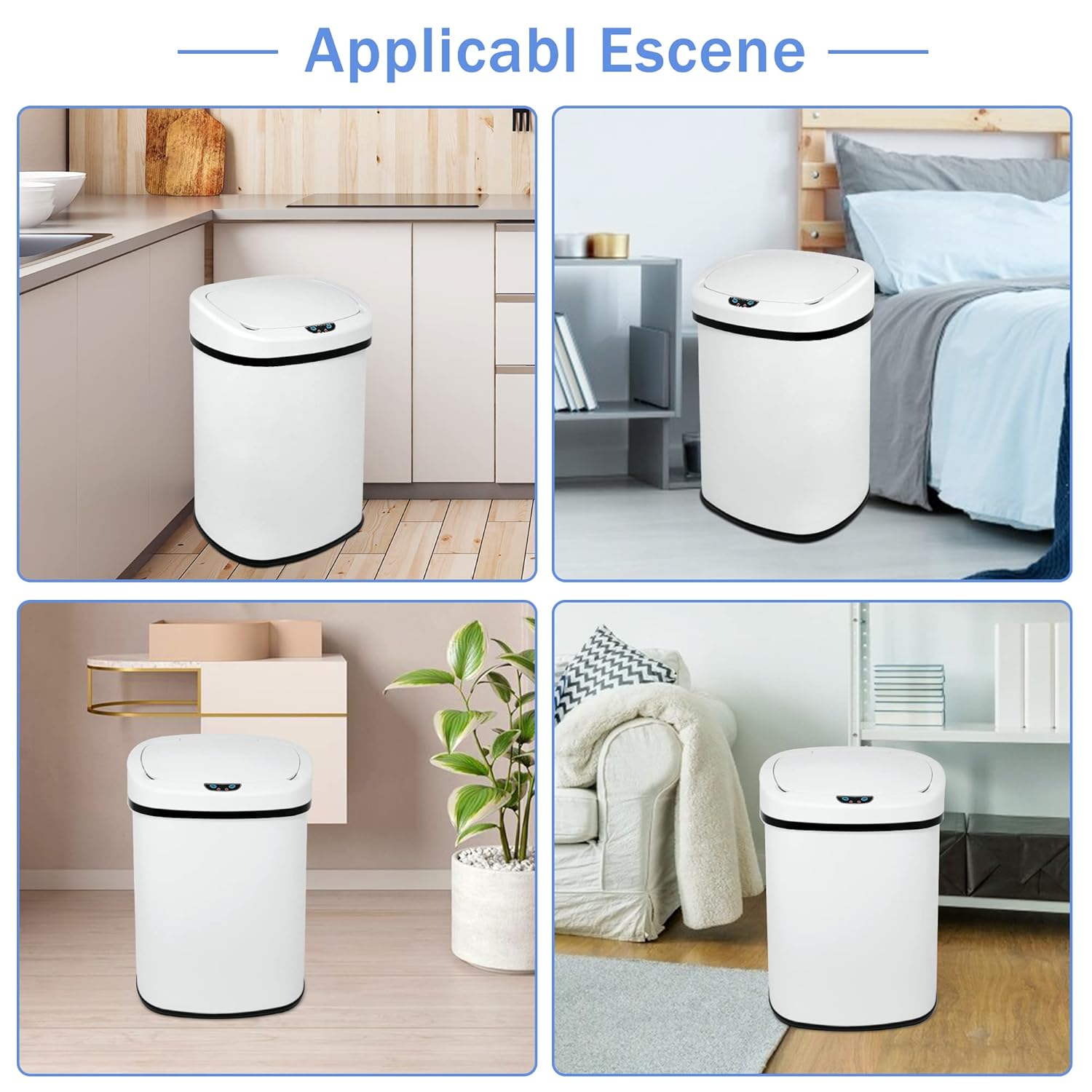 Dkelincs 13 Gallon Touch-Free Automatic Trash Can Stainless Steel Kitchen Garbage Can Waste Bin with Lid, White
