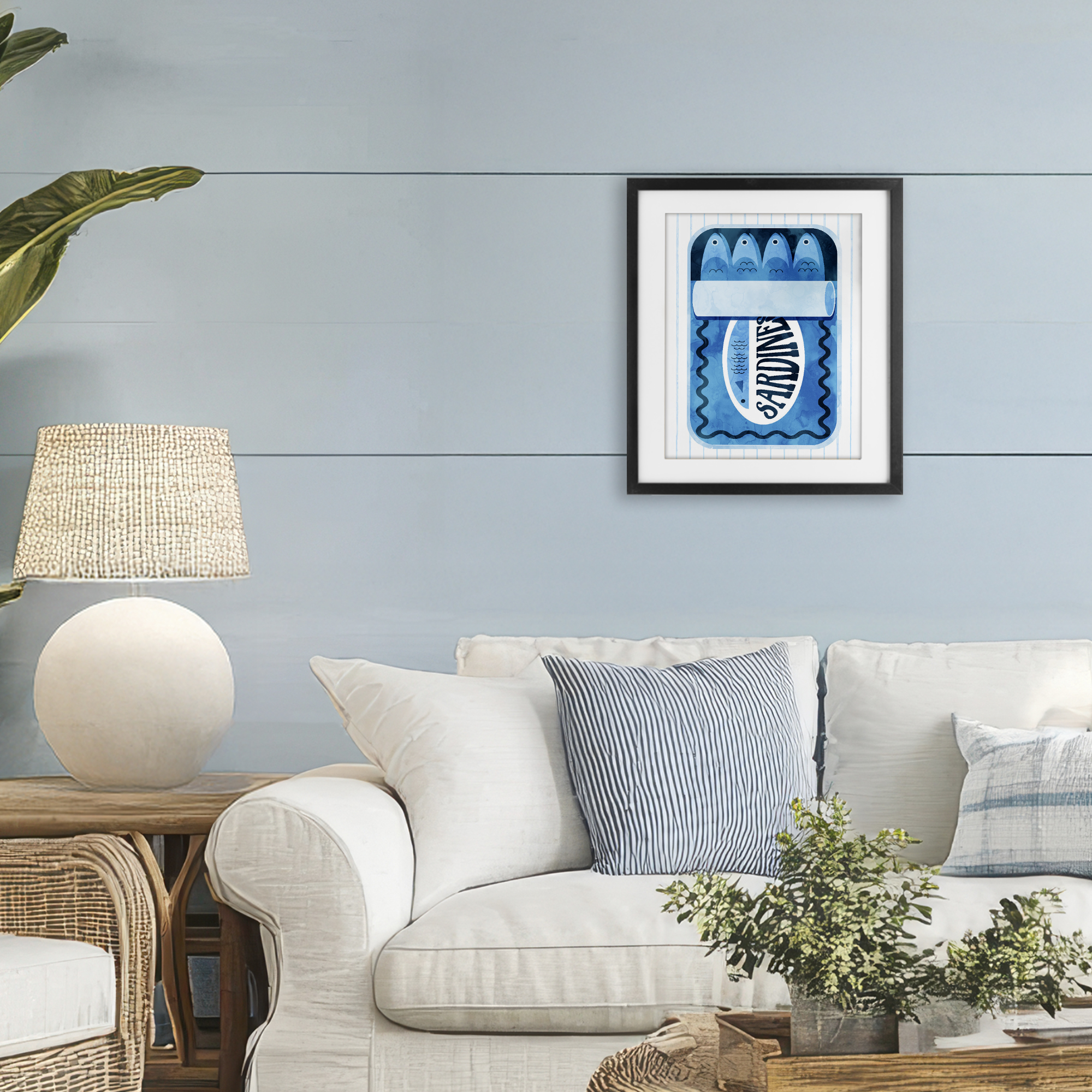 Blue Sardine Tin Over Stripes Black Framed Print Under Glass, design by Daphne Polselli
