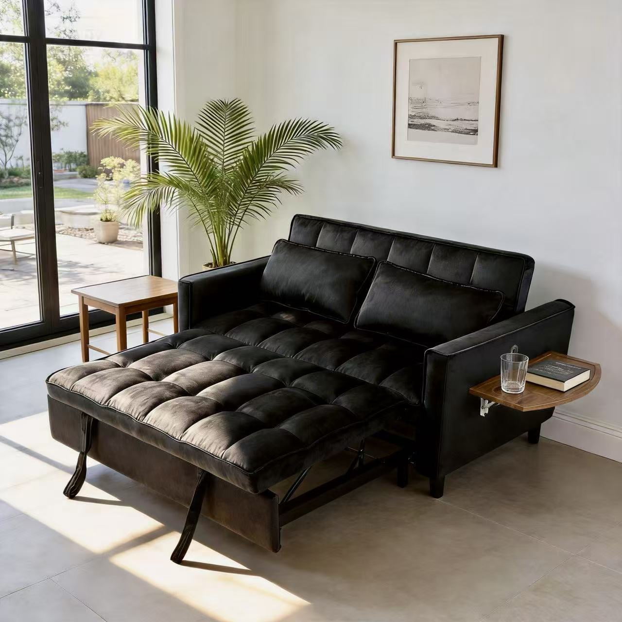 BSHTI 55.31” Velvet Pull Out Sofa Bed ,Sleeper Sofa with USB & Storage, Reclining Backrest, Foldable Side Table, Living Room Couch, Office Couch,Black