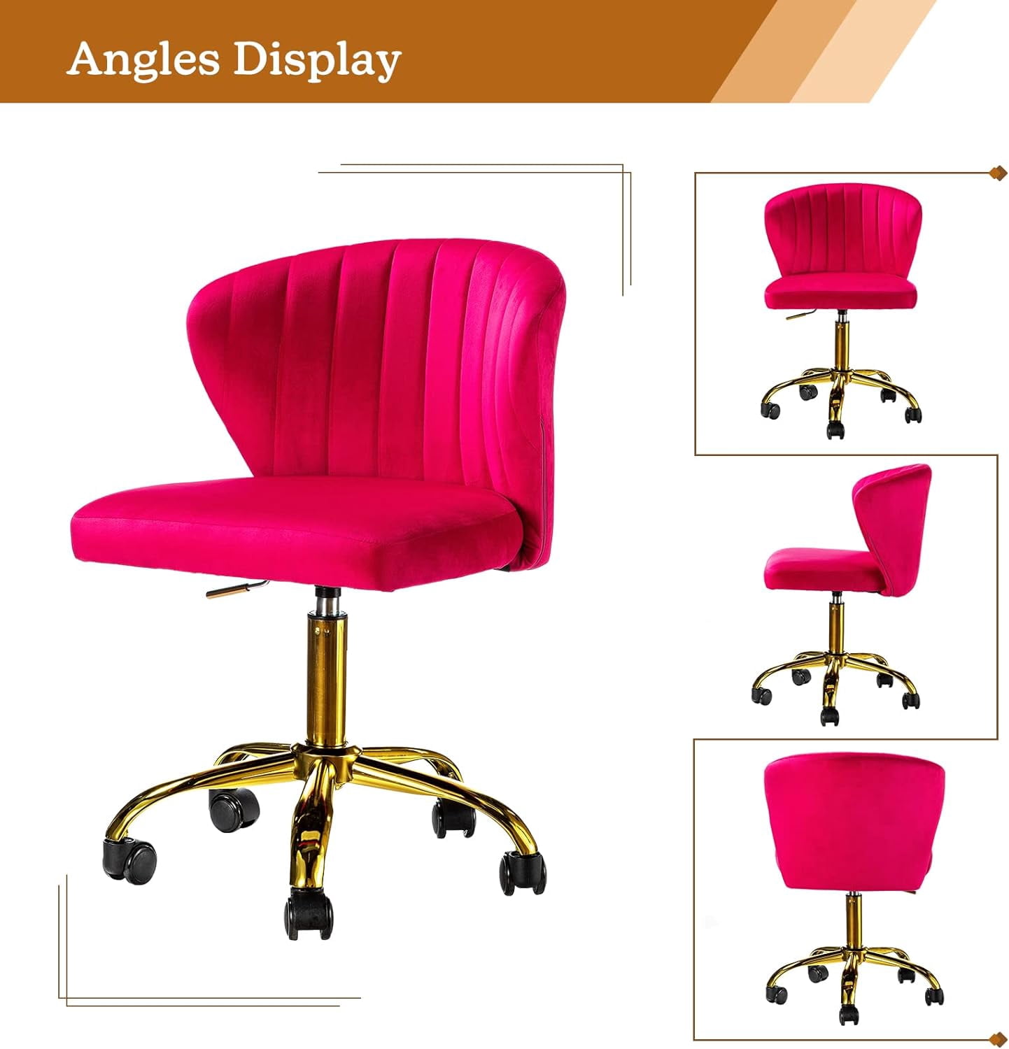 Office Desk Chairs with Wheels & Gold Base, Modern Velvet Cute Armless Office Chair, Adjustable Low Back Swivel Rolling Chair, Upholstered Task Chair for Living Room Vanity Study-Fushia