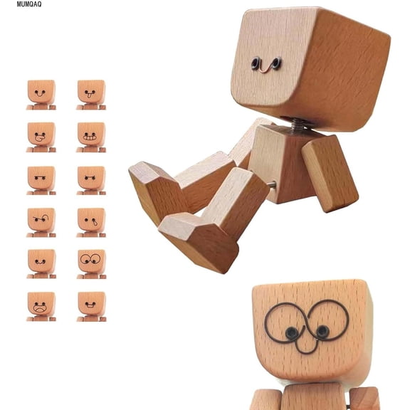 MUMQAQ Shaking Wooden Man Figurine for Car Dashboard Decorations, Handmade Little Wooden Figure That Sways, 12 Magnetic Expressions, Shaking Feet Wooden Doll for Car