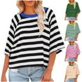 thumbnail image 4 of Oversized Stripe T Shirt for Women 3/4 Sleeve Crewneck Loose Fit Summer Casual Tee Tops Green,XL, 4 of 4