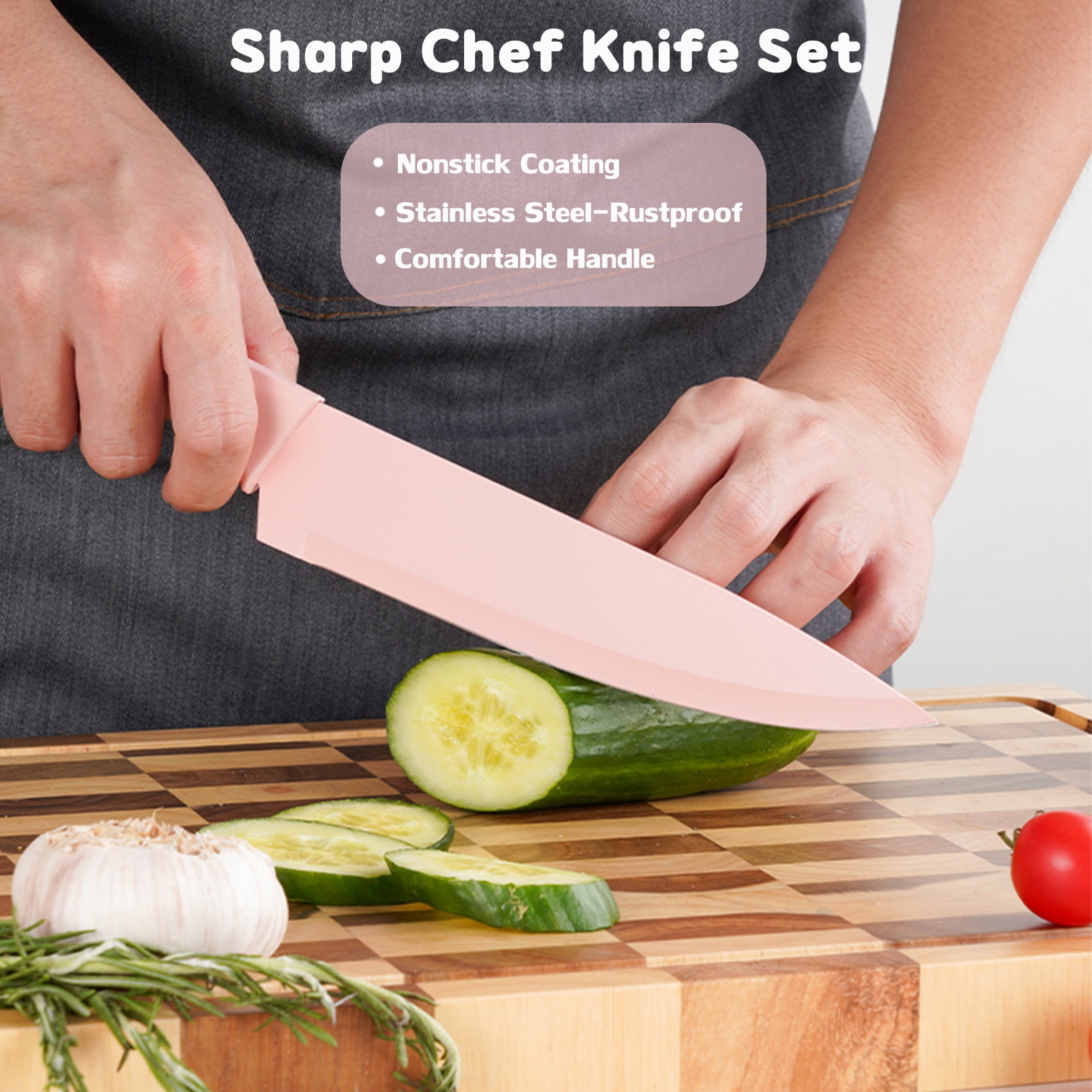 Kitchen Knife Set, 6-Pieces Golden Titanium Coated Knife Block Set with Wood Knife Block & Built-in Sharpener, Stainless Steel Sharp Chef Knife Set, Pink Knives Set for Home Kitchen