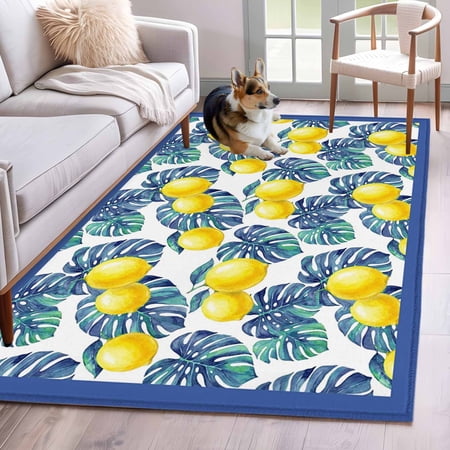 Lemon Leaf Washable Area Rug 2.7x5 Watercolor Lemon Floral Blue Leaf Blue Border Low-Profile Small Area Rugs with Non Slip Backing Indoor Floor Carpet for Entrance Living Room Bedroom Home Office