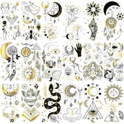 Glaryyears Metallic Gold Temporary Tattoo for Women Adults, 18-Pack Long-lasting Tiny Size Realistic Tattoos, Variety Pack Cute Floral Fake Tattoos, Makeup for Face Body Hand Arm Neck Party