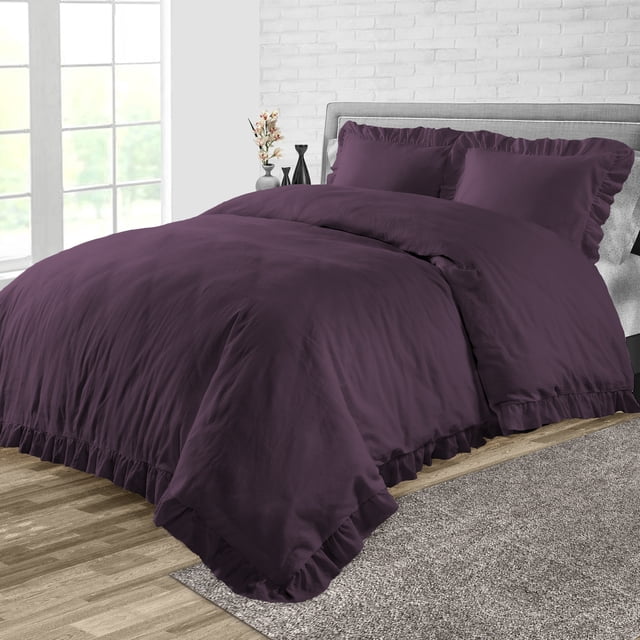 Dee's Collection King/Cal King Size 3 Psc Microfiber Duvet Cover Trimmed Ruffle -Plum