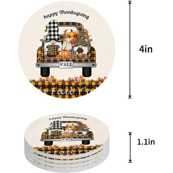 ZHANZZK Thanksgiving Orange Plaid Truck with Gnome and Pumpkins Set of 6 Round Coaster for Drinks, Absorbent Ceramic Stone Coasters Cup Mat with Cork Base for Home Kitchen Room Coffee Table Bar Decor