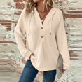 thumbnail image 2 of Hoodie Women Trendy Solid Color Hooded Button Loose Long Sleeved V Neck Sweatshirts Fall Tops,Beige,2XL, 2 of 6