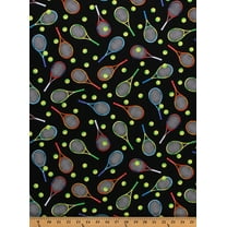 Cotton Tennis Rackets Tennis Balls Sports Games Matches Black Cotton Fabric Print by the Yard (GM-C8778-BLACK)