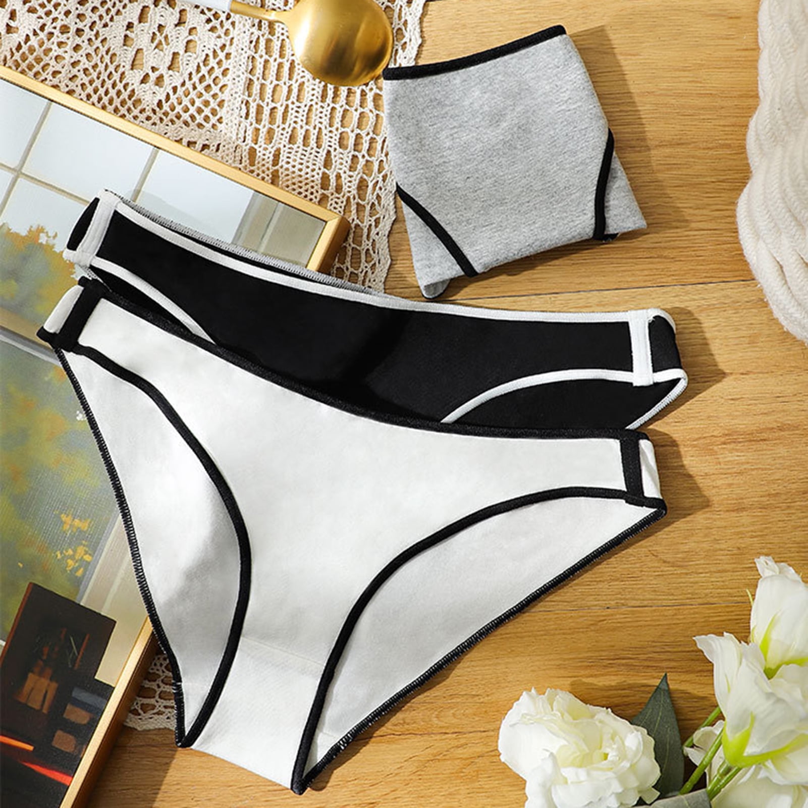 rygai Women Underwear Breathable Mid Waist Elastic Korean Style Girl  Underpants Intimates for Daily Wear,Skin Color L