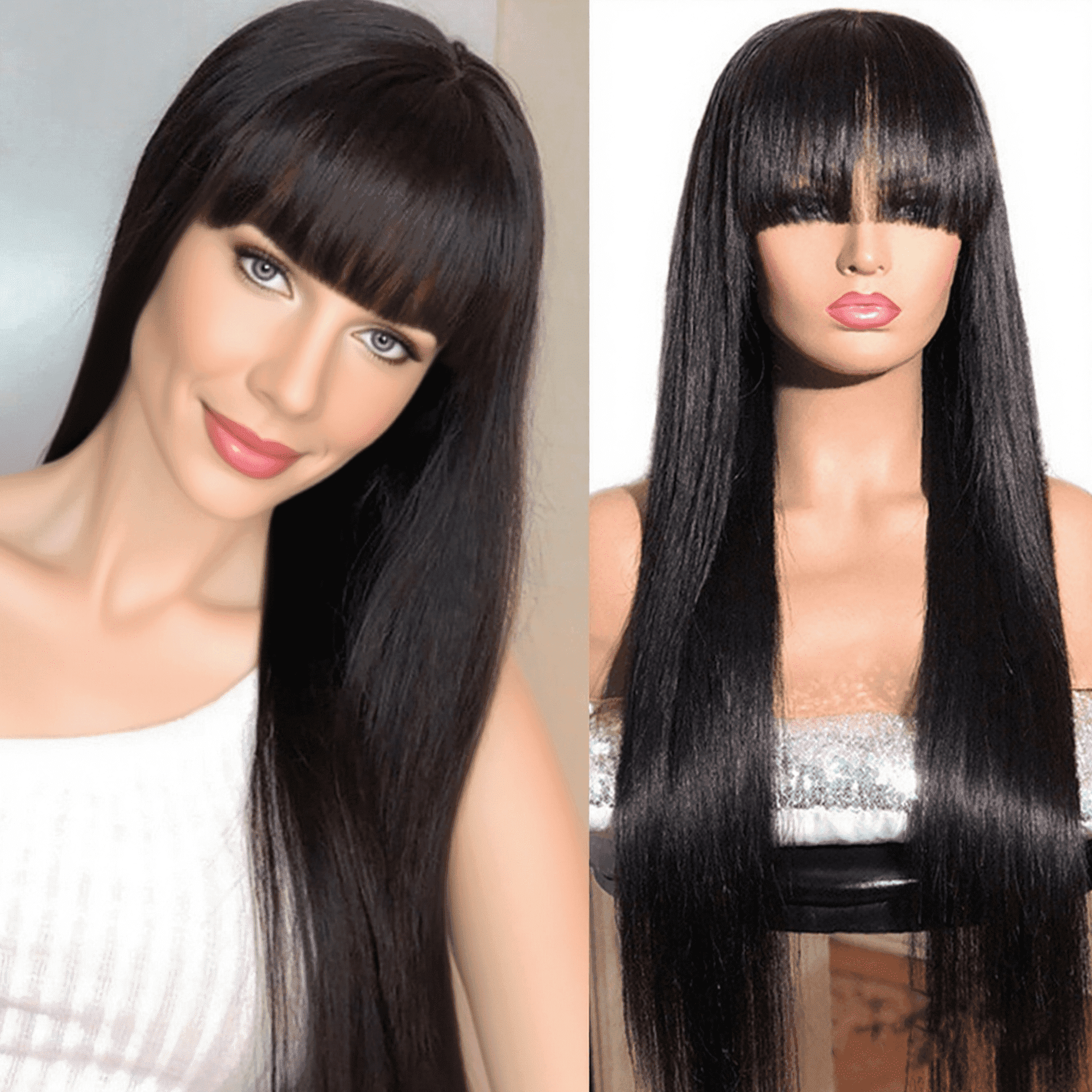 Morovan 22" Long Black Wig Straight Black Wigs with Bangs Human Hair Wigs for Black Women Glueless Wigs for Women Black Long Bob Wigs