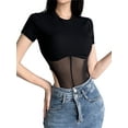 thumbnail image 5 of Franhais Sheer Spliced Bodysuits Women Leotard Top Summer Short Sleeve Bodycon Shirt Bodysuit Vintage Body Top（S-L）, 5 of 9
