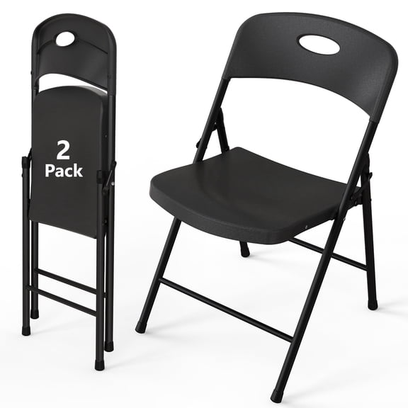 WASUHE 2 Pack Resin Folding Chair with Reinforced Metal Frame, Stackable for Indoor, Outdoor, Wedding, Party, Restaurant, Black Premium