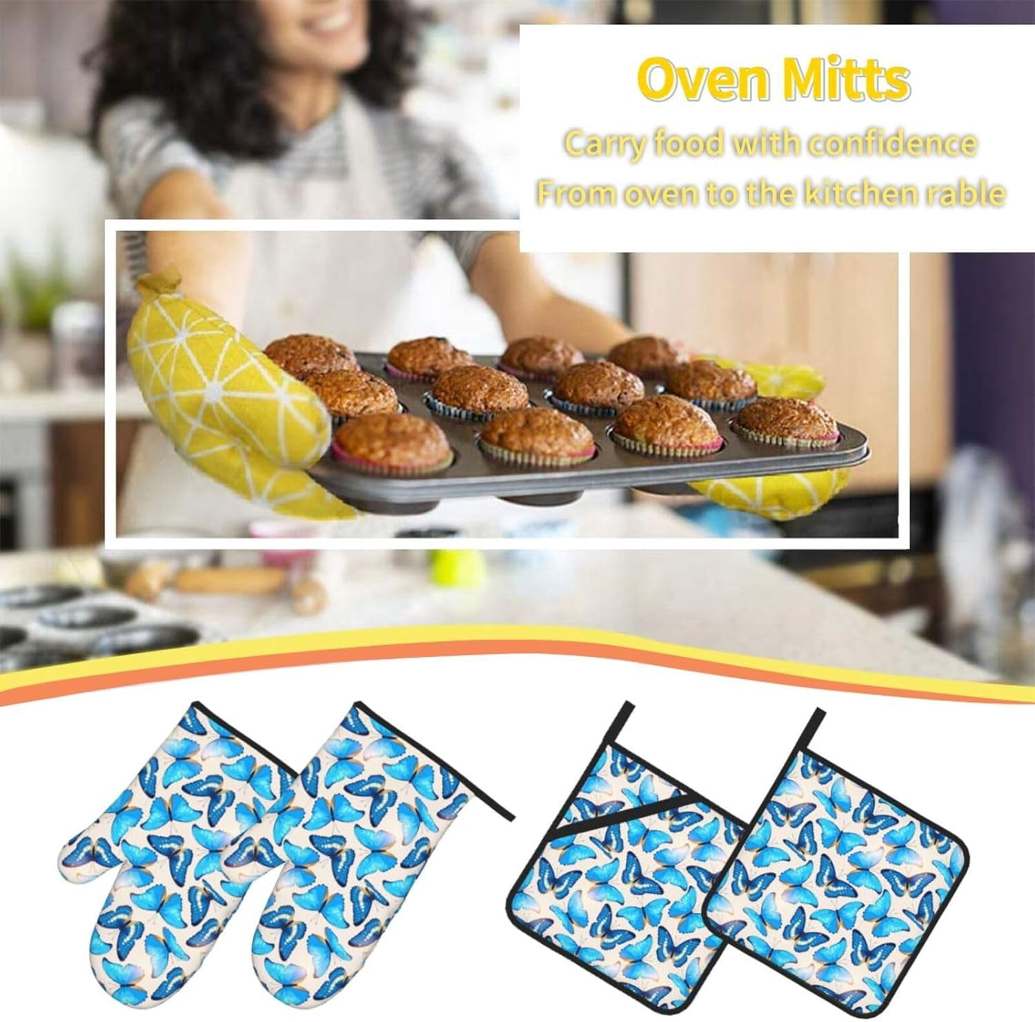 Butterfly Oven Mitts Pot Holders Set of 4, Kitchen Gloves Potholders Heat Resistant for Chef Baking Cooking Grilling BBQ