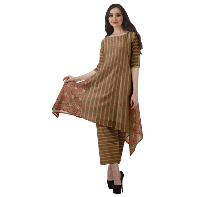 Moomaya Women's Plus Size Printed Asymmetric Kurti Pant Set, Cotton Chanderi, 1 Count