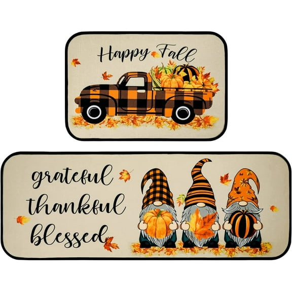 Gnomes Kitchen Rugs Happy Fall Entrance Door Mat Pumpkin Truck Non Slip Kitchen Rug Anti Fatigue Mats for Kitchen Floor Waterproof Washable Rug Runner for Kitchen Laundry17x24 17x48inch