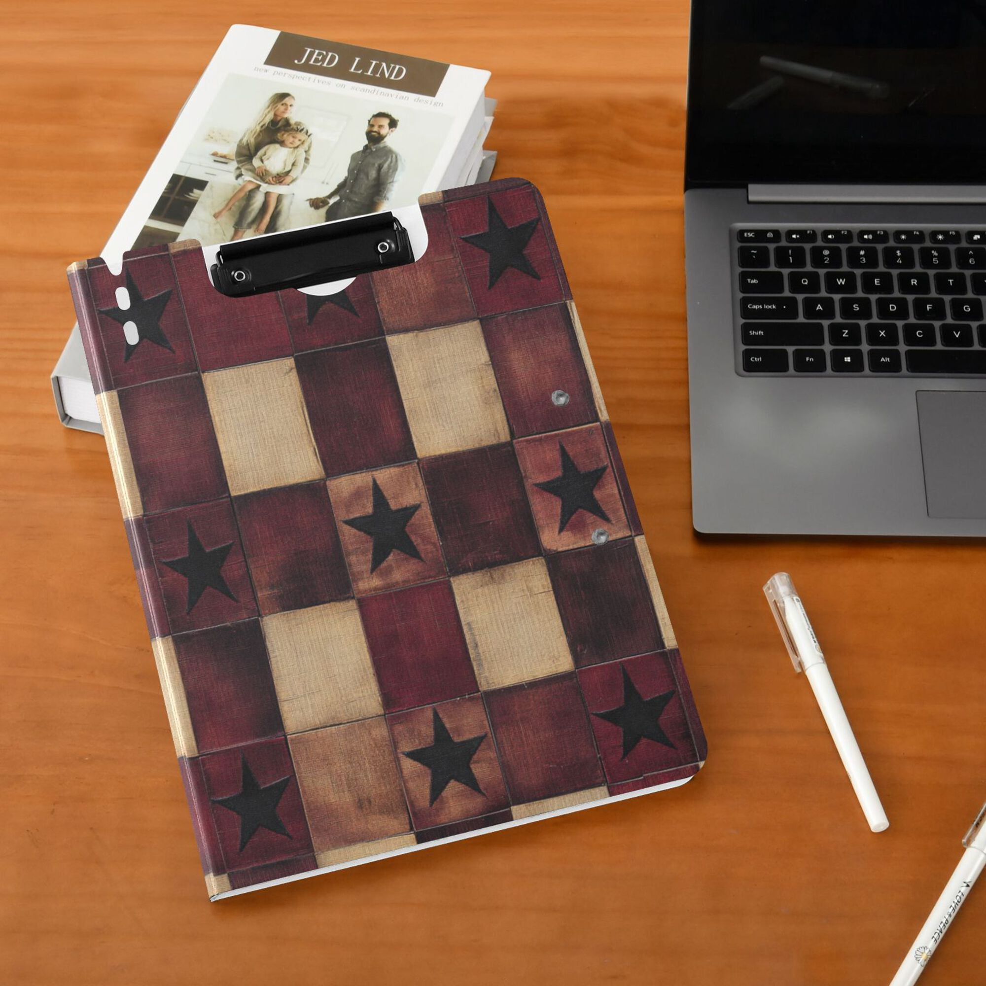FORMRS A4 Clipboard Folder with Pen Holder Horizontal Foldable School Office Binder, Star Spangled Squares