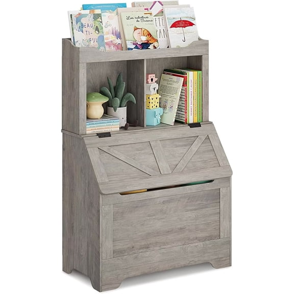 Kids Book shelf and Toy Storage Box, 3-layer Wooden Toy Storage Box with Flip Storage Box and 2-layer Children's Bookshelf, Suitable for Playroom, Bedroom Living Room, Kindergarten, Grey